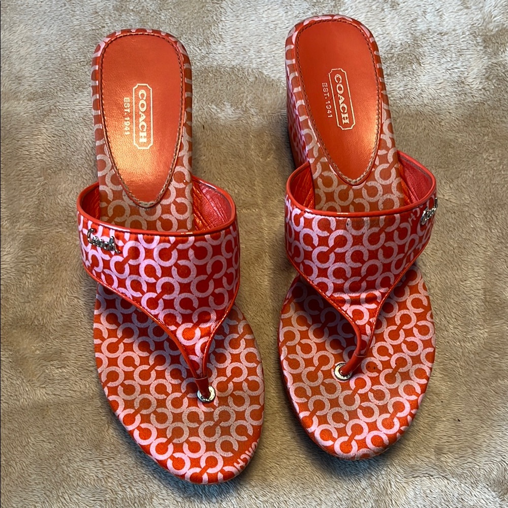 Coach Orange/Coral-ish and Pink Platform Signature Sandals